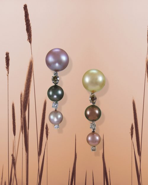Boucles d’oreilles en or gris transformables, perle des mers du Sud, perles de Tahiti, perles de rivière et diamants multicolores – Réf. 09.02.101
