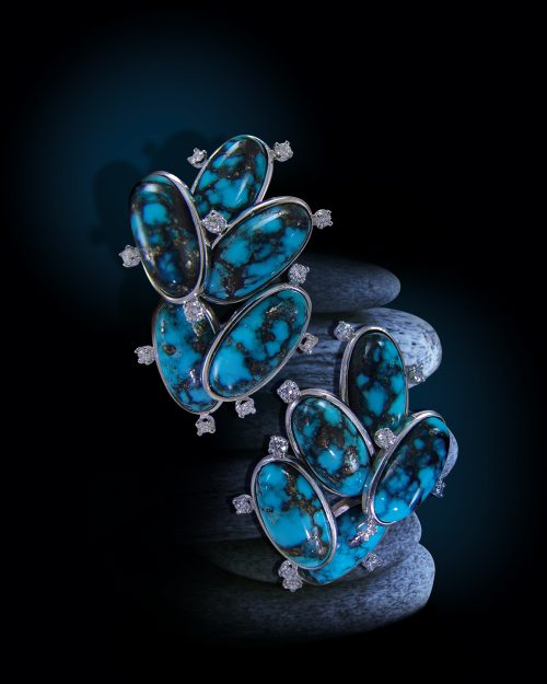 Boucles d’oreilles en or gris, turquoises et diamants – Réf. 09.02.121